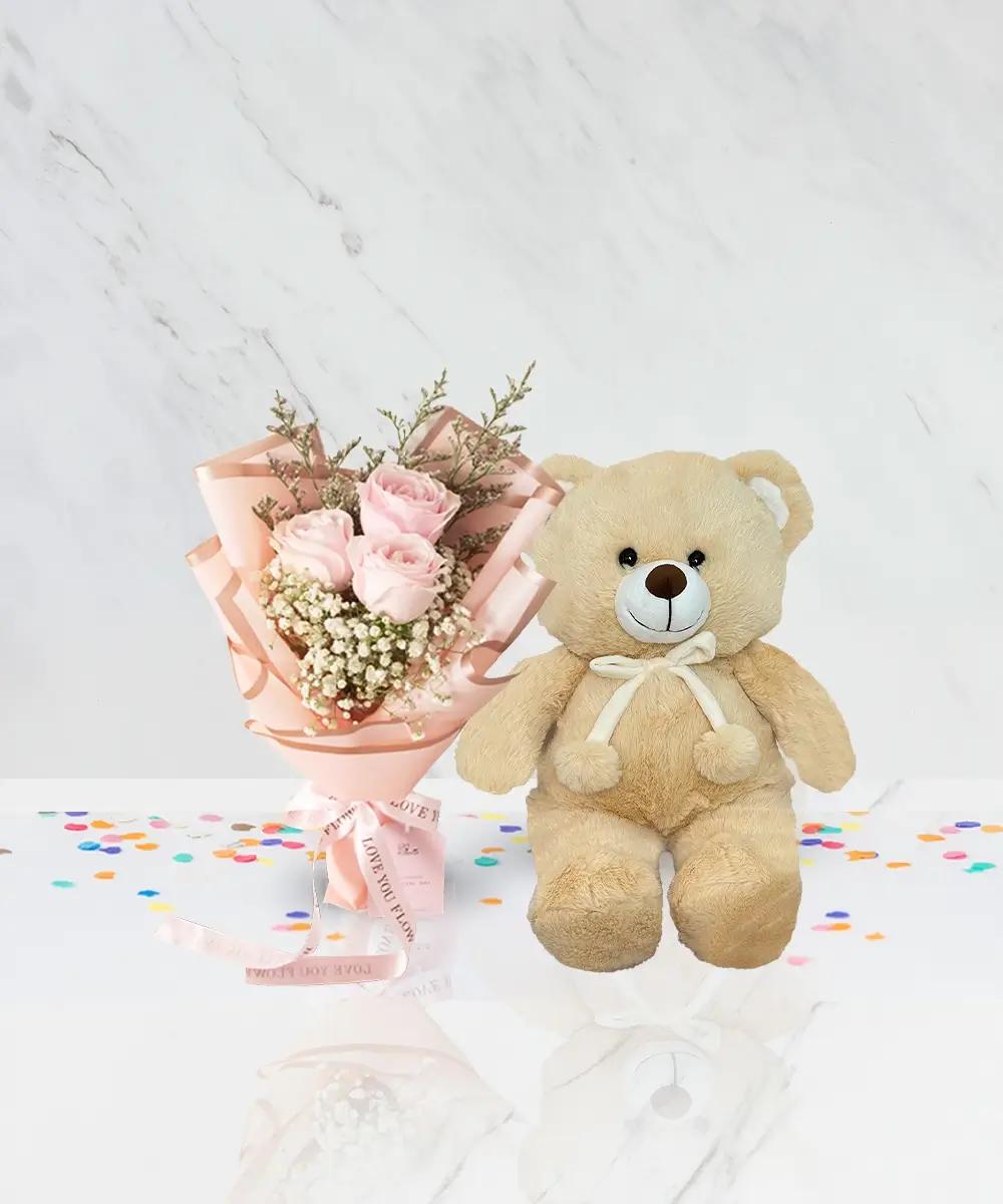 AG002 Beige Teddy Bear & Three Pink Rose