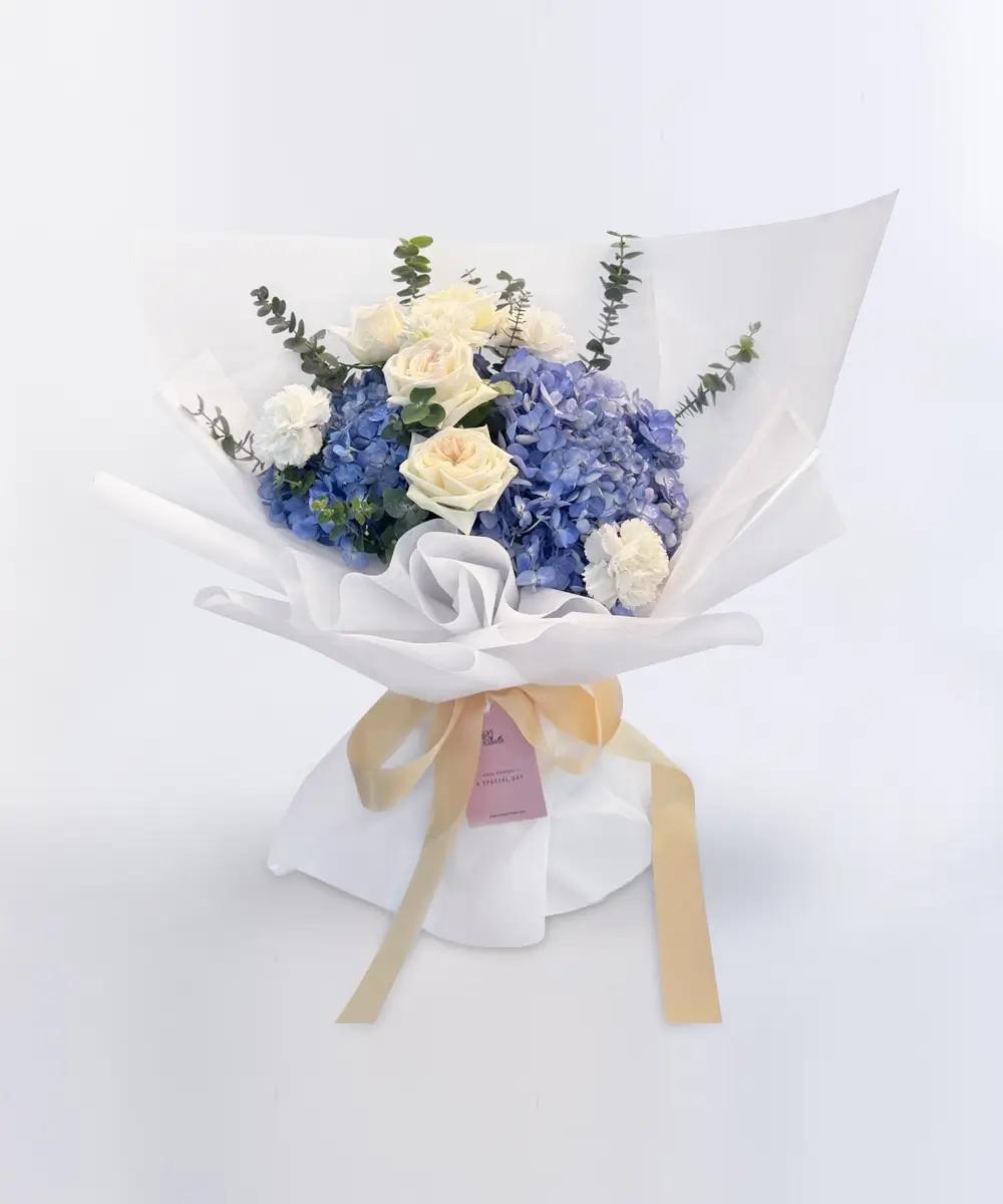 A400 Fresh flower bouquet in blue and white tones with blue Hydrangeas and white Roses