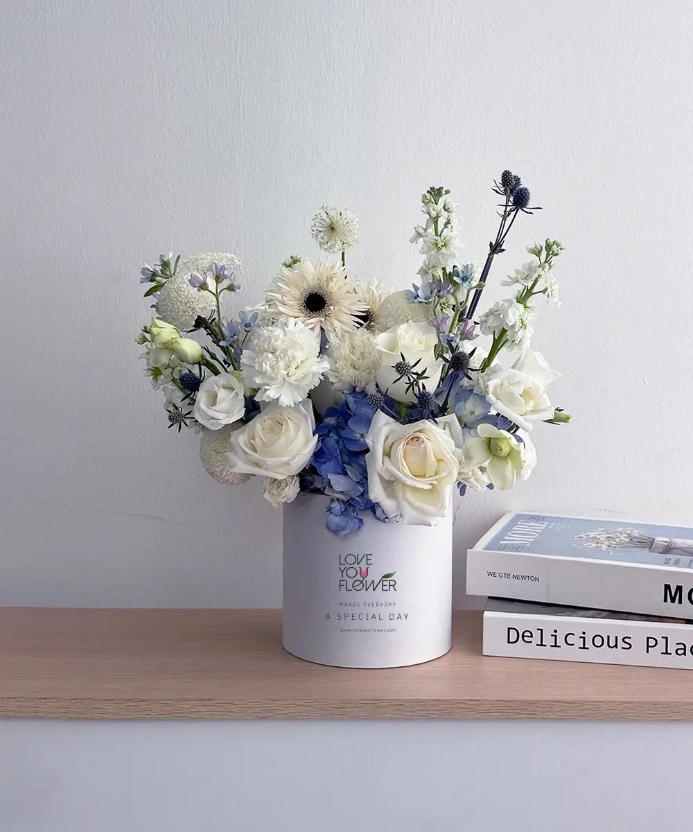 BX003-S: Mother’s Day Fresh Flower Box with white Stock and Roses for any special occasion