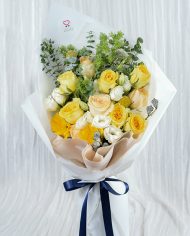 Yellow Flower bouquet with various flower and blue ribbon